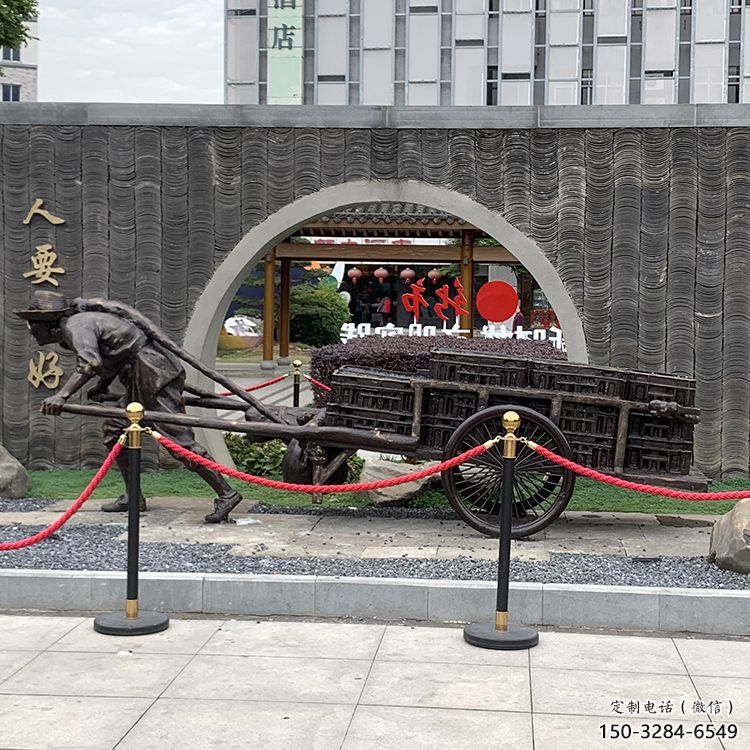 黃包車雕塑廠家，商業(yè)街人物小品，仿銅黃包車雕塑制作