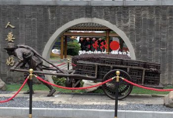 黃包車雕塑廠家，商業(yè)街人物小品，仿銅黃包車雕塑制作