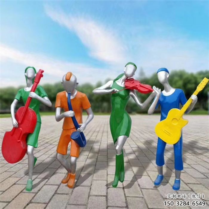 彩繪吹拉彈唱雕塑廠 電鍍現(xiàn)代樂隊(duì)雕塑 公園音樂人雕塑