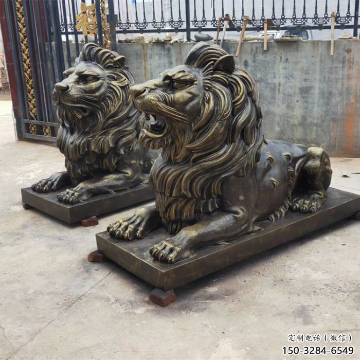仿銅獅子雕塑，玻璃鋼仿銅趴獅雕塑廠家
