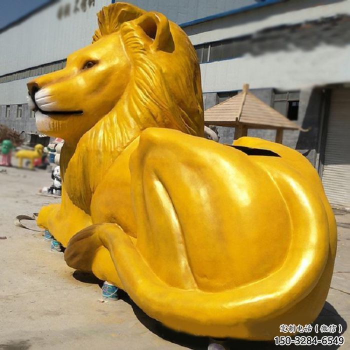 臥式玻璃鋼彩繪獅子雕塑，動物仿真效果