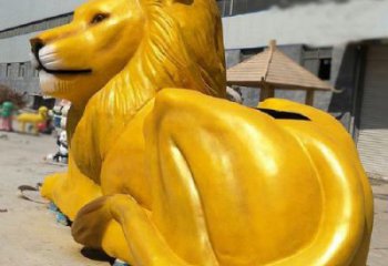 臥式玻璃鋼彩繪獅子雕塑，動(dòng)物仿真效果