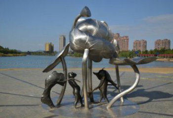 城關(guān)蓮蓬嬉戲雕塑，城市植物景觀雕塑，不銹鋼鏡面效果